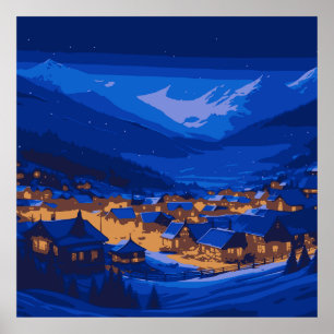 Retro-Dorf Berg Blau Gold Landschaft  Poster