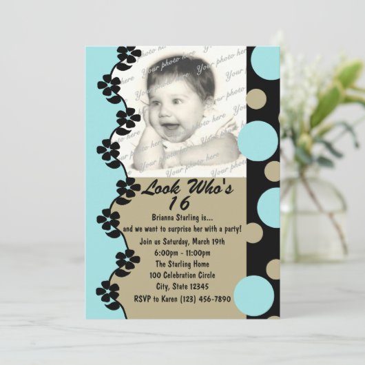 Retro Dot Foto Geburtstag Einladung (Stehend Vorderseite)