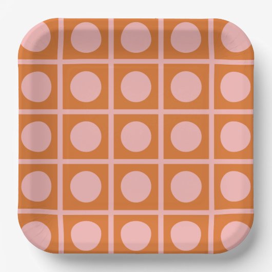 Retro Dot Grid Pink und Orange Muster Pappteller (Vorderseite)