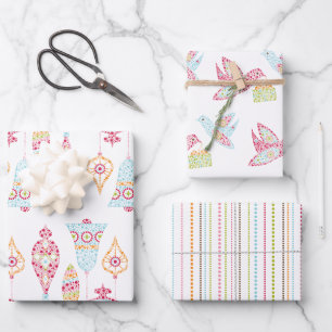 Retro Dots Weihnachtsvögel und -dekorationen Geschenkpapier Set