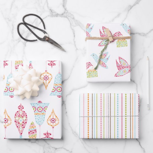 Retro Dots Weihnachtsvögel und -dekorationen Geschenkpapier Set (Vorderseite)