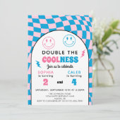 Retro Double Celebration Boy Girl Joint Birthday Einladung (Stehend Vorderseite)