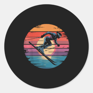 Retro Downhill Skifahren Vintage Sonnenuntergang S Runder Aufkleber