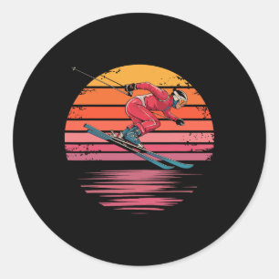 Retro Downhill Skifahren Vintage Sonnenuntergang S Runder Aufkleber