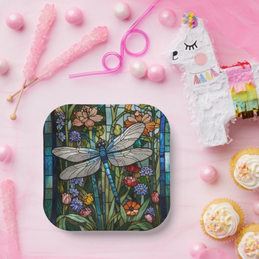 Retro Dragonfly boho blühendes botanisches Fleckgl Pappteller (Party)