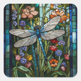 Retro Dragonfly boho blühendes botanisches Fleckgl Quadratischer Aufkleber
