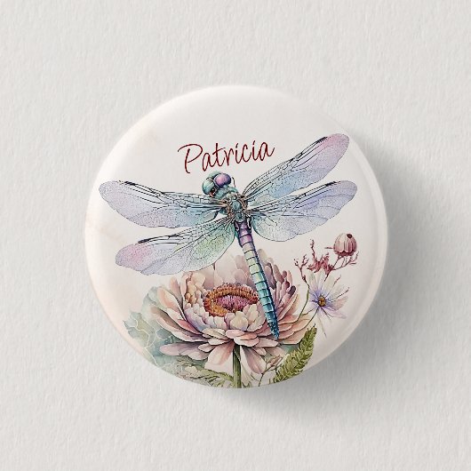 Retro-Dragonfly und Peony-Blume Button (Vorderseite)