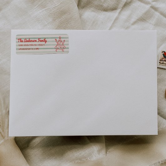 Retro Drawn Green Red Funny Christmas Tree Address