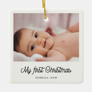 Retro Drehbuch Baby's First Christmas Foto Keramikornament