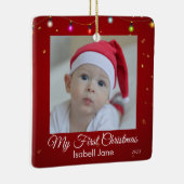 Retro Drehbuch Baby's First Christmas Foto Keramikornament (Rechts)