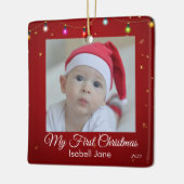 Retro Drehbuch Baby's First Christmas Foto Keramikornament (Links)