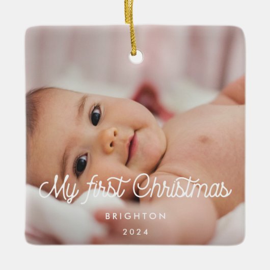 Retro-Drehbuch Mein erstes Weihnachtsbaby-Foto Keramikornament (Vorderseite)