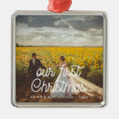 Retro-Drehbuch Unser erstes Weihnachtspaar Foto Ornament Aus Metall (Vorne)