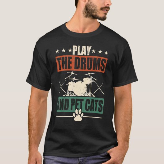 Retro Drummer Drumming Drums Percussion Cat Lover T-Shirt (Vorderseite)