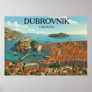 Retro-Dubrovnik-Adriatische-Küsten-Illustration Re Poster
