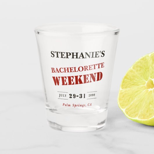 Retro Dunkelrot, Schwarz & Weiß Bachelorette Woche Schnapsglas (Vorderseite)