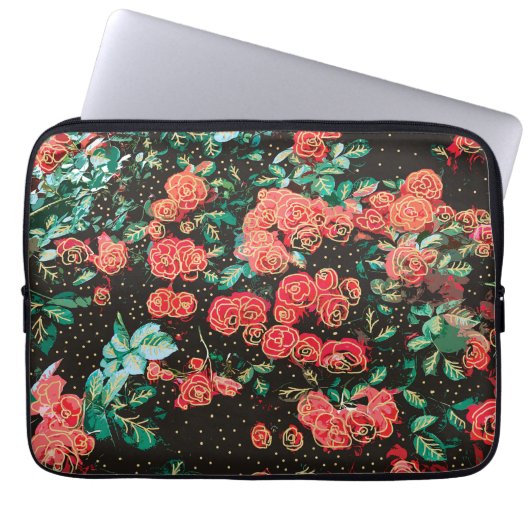 Retro dunkelrote Rosen Pünktchen Blumenmuster Laptopschutzhülle (Vorderseite)