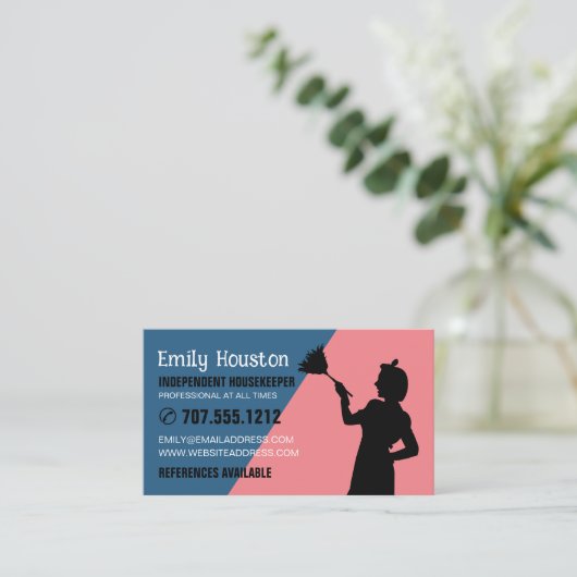 Retro Duster Silhouette, Housekeeper, Haushaltshil Visitenkarte (Stehend Vorderseite)