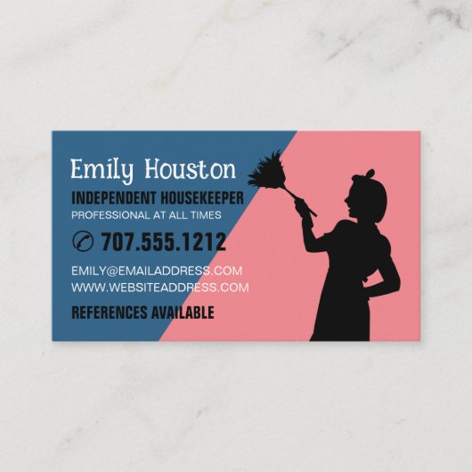 Retro Duster Silhouette, Housekeeper, Haushaltshil Visitenkarte (Vorderseite)