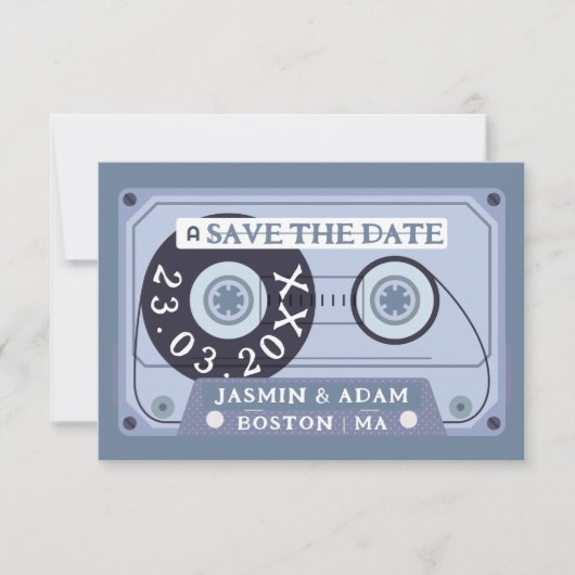 Retro Dusty Blue Cassette Tape Wedding Save The Date (Vorderseite)