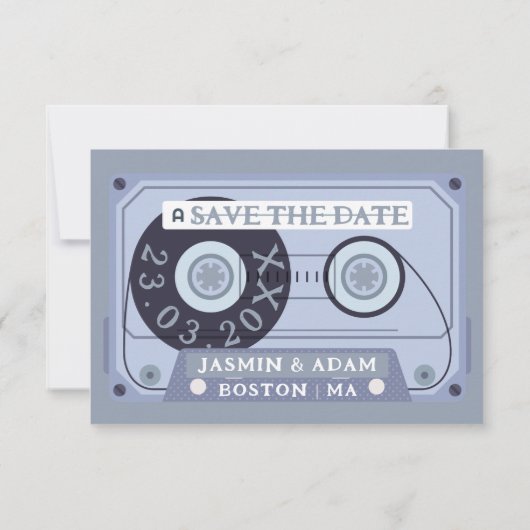 Retro Dusty Blue Cassette Tape Wedding Save The Date (Rückseite)