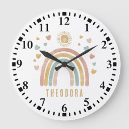 Retro Earthy Colors Watercolor Rainbow and Sun Große Wanduhr