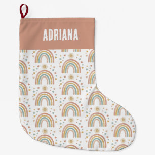 Retro Earthy Colors Watercolor Rainbow Sun Name Großer Weihnachtsstrumpf