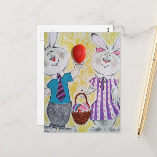 Retro Easter Bunnies Postkarte (Vorderseite/Rückseite Beispiel)