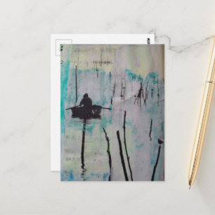 Retro Ein Boot und ein Vogel Schwarz Weiß Blau  Postkarte