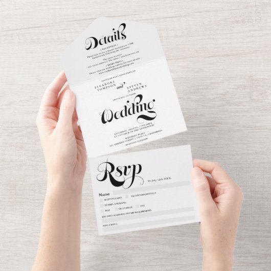 Retro einfache Schwarz-Weiß-Drehbuch-Hochzeit All In One Einladung (Abreißen)