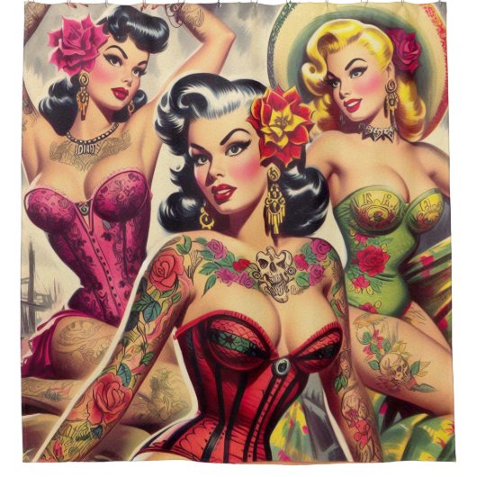 Retro-Eingezogene Mädchen Duschvorhang (Vorderseite)