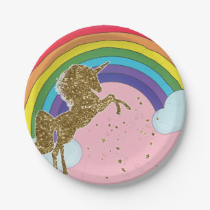 Retro Einhorn Regenbogen & Gold Sterne Geburtstags Pappteller