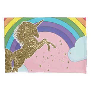 Retro Einhorn Regenbogen & Goldene Sterne Kissenbezug