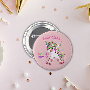 Retro-Einhorn-Rollschuh-Geburtstagsfeier Button