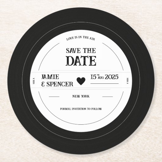Retro Einzigartige Vinyl Record Hochzeit Speichern Runder Pappuntersetzer (Vorderseite)