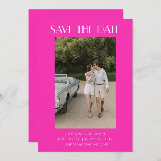 Retro Einzigartiges Hot-Pink Art Deco Foto Hochzei Save The Date (Vorne/Hinten)