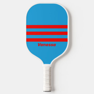 Retro Electric Blau Rot Drei Quer Streifen Name Pickleball Schläger