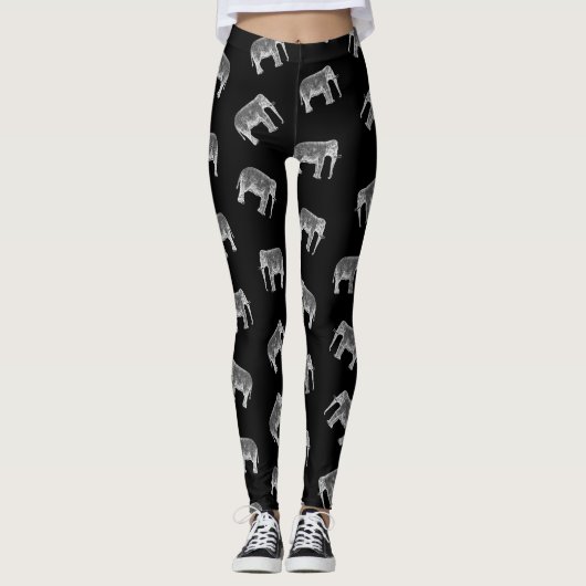 Retro Elefant-Druck-Muster-schwarzer u. weißer Leggings (Vorderseite)