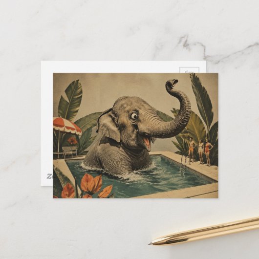 Retro-Elefant im Pool Postkarte (Vorderseite/Rückseite Beispiel)