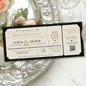 Retro Elegant Black & Gold Vintage Ticket Wedding Einladung