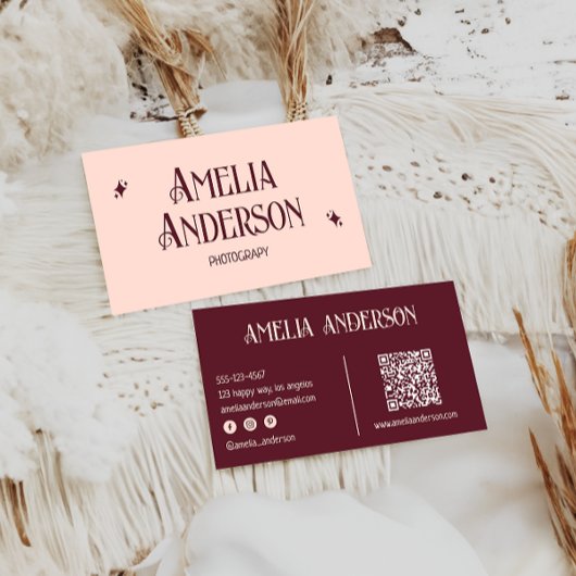Retro Elegant Blush & Burgundy Qr Code Visitenkarte