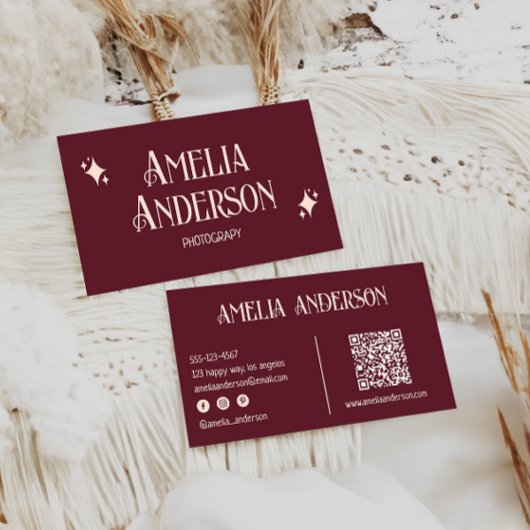 Retro Elegant Blush & Burgundy Qr Code Visitenkarte