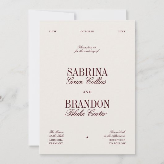 Retro Elegant Burgundy & Ivory Beige Wedding Einladung (Vorderseite)