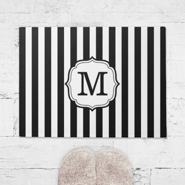 Retro Elegant Personalized Stripe Door Mat Fußmatte (retro elegant black and white stripe door mat)