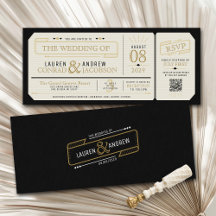 Retro Elegant Schwarz & Gold Vintage-Ticket Hochze