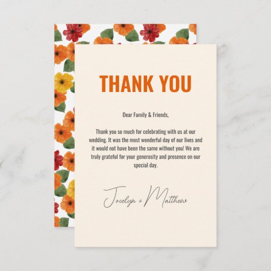 Retro Elegante Modernes Blumenorange Dankeskarte (Vorne/Hinten)
