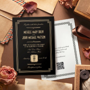 Retro Elegante Schwarze Art Deco QR RSVP Hochzeit Einladung