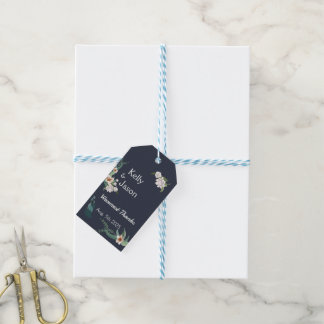 Retro Elegante weiße Blume Frame Navy Hintergrund Geschenkanhänger
