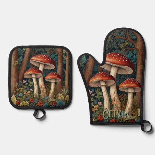 Retro-eleganter Pilzwald Ofenhandschuh & Topflappen-Set (Vorderseite)