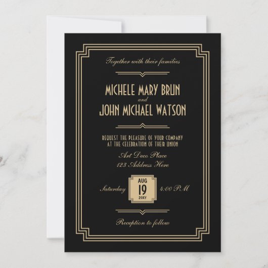 Retro Elegantes Black Art Deco QR UAWG Wedding Einladung (Vorderseite)